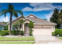 Charming single-story home featuring a well-manicured lawn, mature palm trees, and an attached two-car garage at 1809 Wedgewood Way, Kissimmee, FL 34746