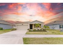 Charming one-story home featuring a two-car garage and a well-manicured lawn with palm trees at 16462 Glassy Loch Loop, Clermont, FL 34714