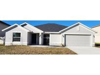 Newly constructed one-story home with gray siding, two-car garage, and well-manicured lawn at 411 Caribbean Ct, Kissimmee, FL 34759