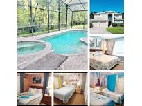 Resort pool and spa with screened enclosure, a bedroom, and the exterior elevation view at 1217 Cypress Pointe Blvd, Davenport, FL 33896