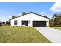 Modern one-story white house with a black door and black two car garage, sitting on a green lawn at 2956 Sw 162Nd Street Rd, Ocala, FL 34473