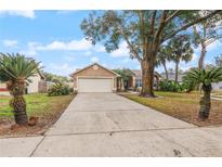 Charming home featuring a wide driveway, lush landscaping, and mature trees at 5019 Log Wagon Rd, Ocoee, FL 34761