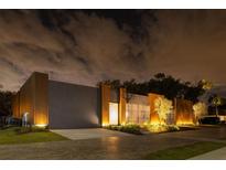 Striking modern home featuring a combination of wood and metal accents, enhanced by professional nighttime landscape lighting at 8966 Easterling Dr, Orlando, FL 32819