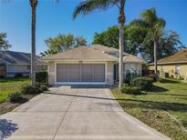 Charming single-story home featuring a screened garage and a well-maintained landscaped front yard at 21636 King Henry Ave, Leesburg, FL 34748