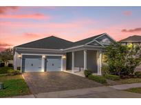 Charming single-story home featuring a two-car garage and well-manicured landscaping, captured at sunset at 2993 Irish Peach Dr, Winter Garden, FL 34787