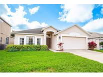 Inviting single-story home featuring a well-manicured lawn, tasteful landscaping, and a two-car garage at 113 Rockhill Dr, Sanford, FL 32771