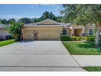 Home featuring a two-car garage, a paved driveway, and lush landscaping at 619 Meadow Sage Dr, Deland, FL 32724