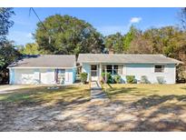 Charming single-story home featuring an American flag, lush greenery and light blue paint at 530 Mckenzie Rd, Lake Helen, FL 32744