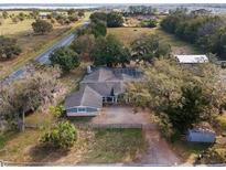 Expansive aerial view of a charming ranch home on a large lot, fenced, mature trees, and pool at 37224 Apiary Rd, Grand Island, FL 32735