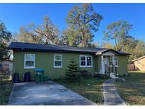 Charming green single-story home featuring a well-kept lawn, walkway to the front door, and a concrete driveway at 9 Lake Dr, Debary, FL 32713