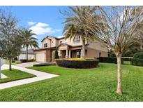 Landscaped front yard with lush green grass, palm trees, and colorful shrubbery at 1938 Filly Trl, Oviedo, FL 32765