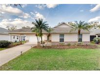 Charming single-story home with a well-maintained lawn and mature palm trees, providing great curb appeal at 4087 Clock Tower Dr, Port Orange, FL 32129