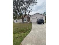Charming single-story home with a well-maintained lawn, mature trees, and a private driveway at 619 Raven Ct, Poinciana, FL 34759