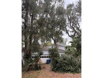 View of home's exterior and attached garage, with mature trees and landscaping at 4080 Audubon Ave, Deland, FL 32720