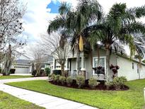 Inviting home featuring manicured landscaping, lush green lawn, and stately palm trees at 8744 Currituck Sound Ln, Orlando, FL 32829