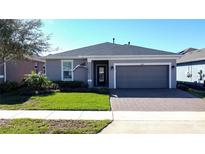 Charming single-story home featuring a well-manicured lawn and a two-car garage with brick paver driveway at 209 Silver Maple Rd, Groveland, FL 34736