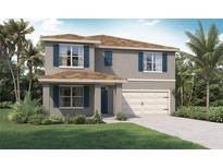 Two-story home with gray siding, blue shutters, a brown roof, and a two car garage at 5844 Galloping Dr, Apopka, FL 32712