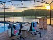 Enclosed patio with pool, hot tub, bar and outdoor seating overlooking a serene lake view at 2904 Penelope Loop, Kissimmee, FL 34746