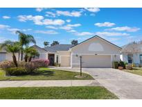 Charming home with a lush front yard, featuring mature palms and well-maintained landscaping and a paved driveway at 25221 Quail Croft Pl, Leesburg, FL 34748