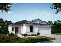 New construction of a one-story home with red entry door, white stucco, dark roof, and an attached two-car garage at 6634 Lullaby Way, Mascotte, FL 34753
