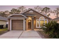 Charming single-story home featuring a well-manicured lawn, attached garage, and inviting entryway at 9563 Chandon Dr, Orlando, FL 32825