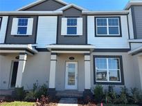 Charming townhome showcasing a modern color scheme and a well-maintained front yard landscape at 9356 Bolshoi Aly, Winter Garden, FL 34787
