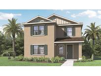 Charming two-story home with a neutral palette, complemented by lush landscaping and vibrant palm trees at 5614 Paddock Fence Ln, Apopka, FL 32712