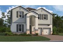 New two-story home with stone accents, neutral siding, black shutters and a two-car garage at 16765 Muskgrass Dr, Winter Garden, FL 34787