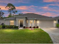 Charming single-story home with a well-manicured lawn, two car garage, and inviting front entrance at 1385 Evergreen Park Cir, Lakeland, FL 33813