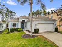 Charming single-story home with a two-car garage, a manicured lawn, and a beautiful palm tree at 408 Orista Dr, Davenport, FL 33897