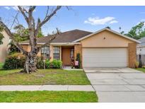 Charming single-story home with a well-manicured lawn, mature tree, and attached two-car garage at 3038 Woolridge Dr, Orlando, FL 32837