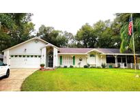 Charming single-story home with an attached two-car garage, manicured lawn, and cheerful green accents at 800 Sand Crane Ln, Lake Helen, FL 32744