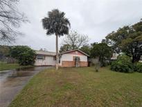 Cozy single-story home with a brick accent, lush lawn, and mature palm tree in a quiet neighborhood at 110 Kasey Dr, Orlando, FL 32807