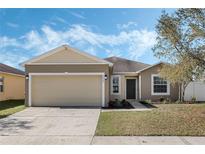 Charming single-story home with a well-manicured lawn, complemented by a two-car garage and neutral color scheme at 3223 Queen Alexandria Dr, Kissimmee, FL 34744