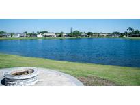 Scenic backyard view with a serene lake and inviting fire pit, perfect for outdoor relaxation and entertaining guests at 14712 Eagles Crossing Dr, Orlando, FL 32837