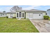 Charming single-story home with arched windows, light green exterior and attached two car garage at 609 Bluebill Ln, Kissimmee, FL 34759