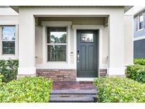 Inviting front entrance with a dark front door, stone accents, and neat landscaping at 16027 Juniper Inlet Aly, Winter Garden, FL 34787