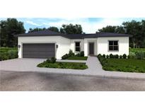 Modern single-story home with a two-car garage, gray trim and coordinated landscaping at 411 St Johns Ln, Kissimmee, FL 34759