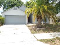 Charming single-story home with a two-car garage, well-kept lawn, and mature palm tree at 1346 Rolling River Rd, Deland, FL 32720