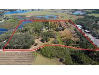 Expansive property featuring diverse landscaping, waterways and agricultural fields with a red boundary line at 8122 Pine Island Rd, Clermont, FL 34711
