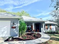 Charming single Gathering home with well maintained landscaping and walkway leading to the front door at 33343 Lake Bend Cir, Leesburg, FL 34788