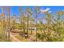 Exterior view of charming home with long driveway through fenced wooded lot at 11811 Kijik Trl, Groveland, FL 34736