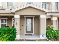 Charming front entrance with a light brown frame door and decorated by two bushes on either side at 10566 Green Ivy Ln, Orlando, FL 32832