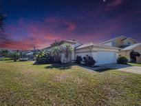 Charming single-story home featuring a two-car garage, tropical landscaping, screened pool, and lush green lawn at 3100 Tall Grass Pl, Kissimmee, FL 34743