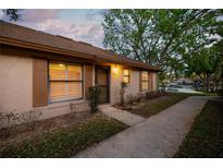 Charming single-story home featuring a well-maintained front yard, pathway, and warm exterior lighting at 385 Eron Way # 45, Winter Garden, FL 34787