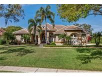 Expansive one-story home showing lush green lawn, two large palm trees, neutral stucco and tile roof at 2008 Water Key Dr, Windermere, FL 34786