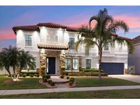 Elegant two-story home boasts lush landscaping and a tiled roof, creating curb appeal at 19313 Pummelo Dr, Orlando, FL 32827