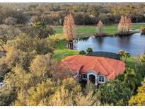 Stunning aerial view of a red-tiled roof home with a screened pool overlooking a tranquil lake and lush greenery at 3156 Winding Pine Trl, Longwood, FL 32779