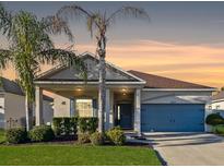 Charming single-story home featuring a well-manicured lawn, mature palm trees, and an inviting facade at sunset at 5571 Sycamore Canyon Dr, Kissimmee, FL 34758