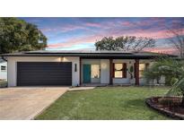 Inviting single-story home with a well-manicured lawn, modern solar panels, and a vibrant blue front door at 48 Carriage Hill Cir, Casselberry, FL 32707